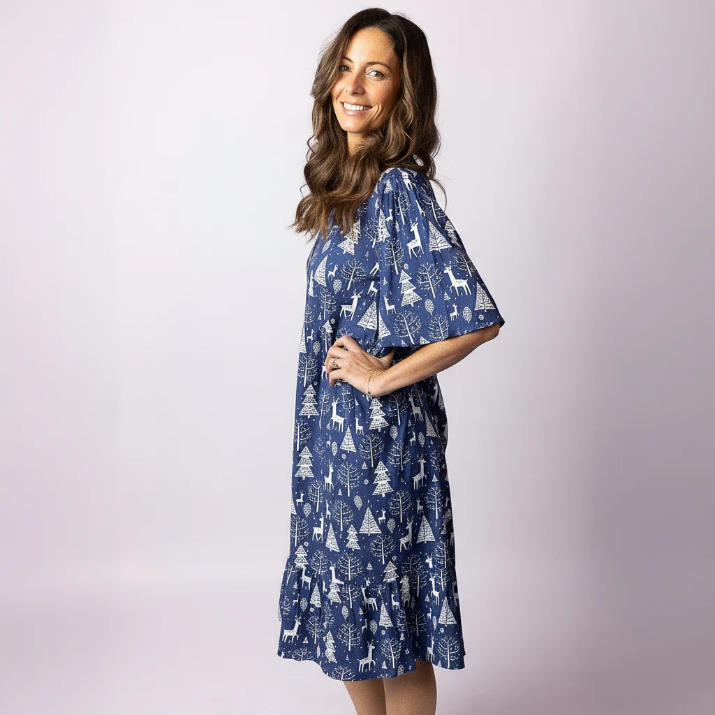 Reindeer Navy Christmas Button Up Adult Amelia Dress - Image 3