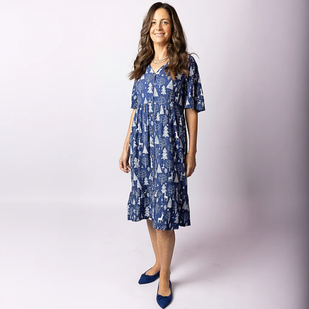 Reindeer Navy Christmas Button Up Adult Amelia Dress - Image 4