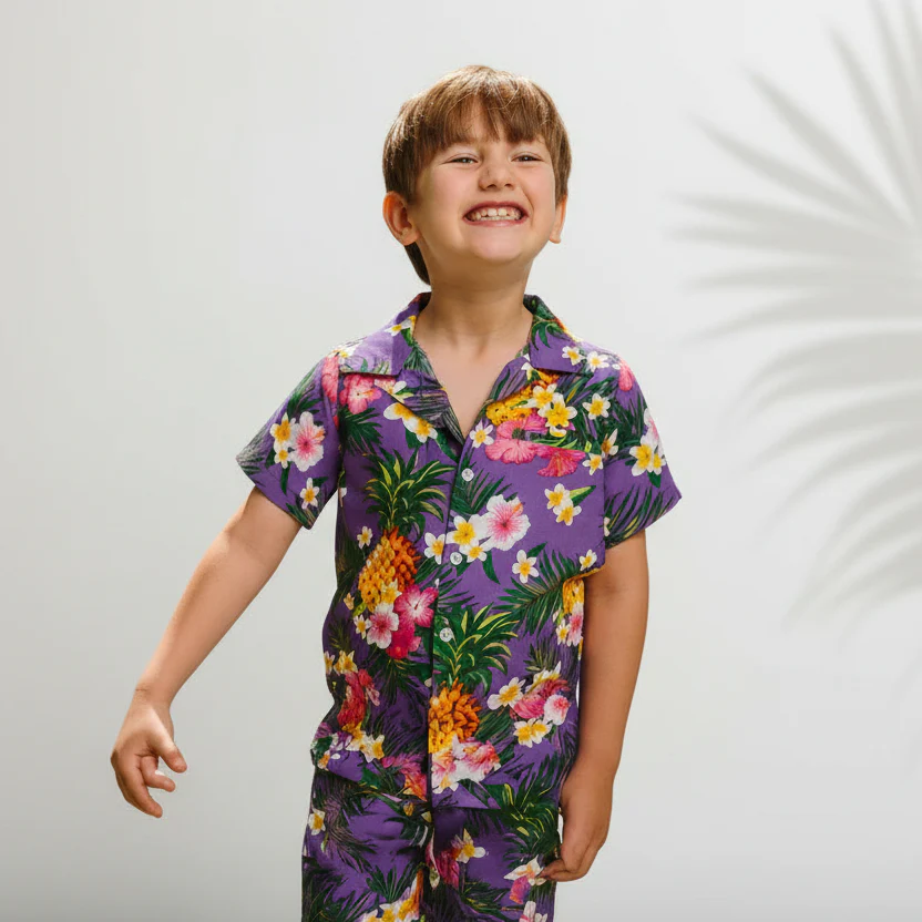 Aloha Purple Kids Hawaiian Shirt and Shorts Set