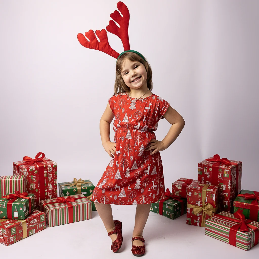Kid's Reindeer Red Holly Christmas Dress (Knee Length) - Image 3