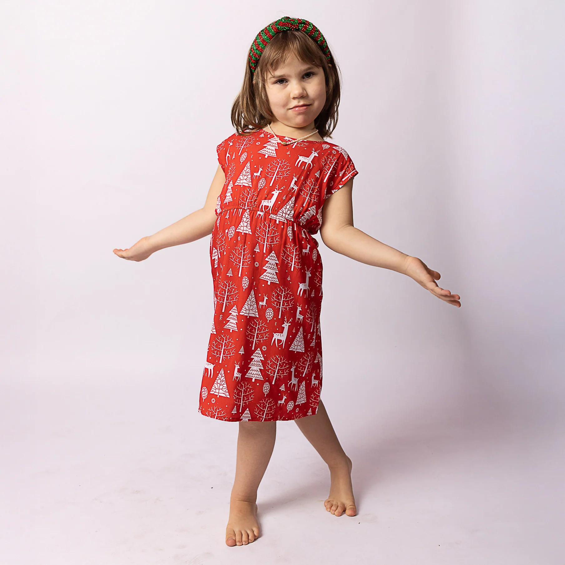 Kid's Reindeer Red Holly Christmas Dress (Knee Length) - Image 4